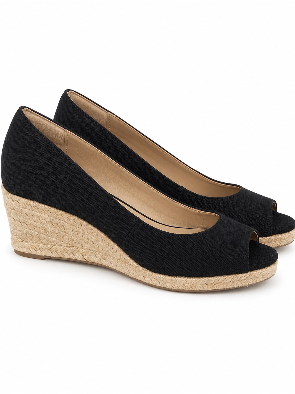 NEW Bandolino Nuri 7 Black Fabric Peep Toe Espadrille Wedge Pumps Women 8M